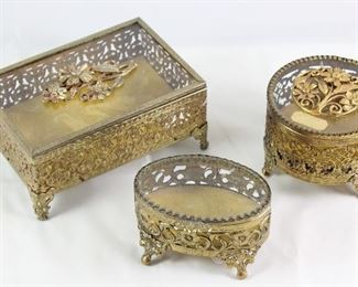 Hollywood Regency Mid Century Gold Plated Vanity Boxes