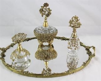 Hollywood Regency Mid Century Gold Plated Oval Vanity Mirror (15” x 10.5”) and Filigree Gold Plated Gas’s Perfume Bottles