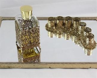 Hollywood Regency Mid Century Gold Plated Rectangular Vanity Mirror (12” x 8”), Gold Filigree Perfume Glass Bottle and Lipstick Holder