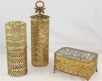 Hollywood Regency Mid Century Gold Plated Filigree Hairspray Can Covers/Caddy and a Bevel Glass Top Vanity Box