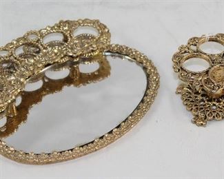 Hollywood Regency Mid Century Gold Plated Oval Vanity Mirror Lipstick Holder and Lipstick Holder