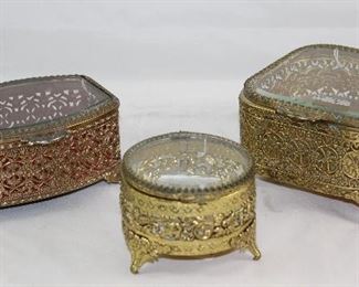 Hollywood Regency Mid Century Gold Plated Filigree Bevel Glass Lidded Vanity Boxes