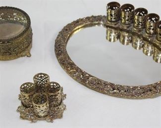 Hollywood Regency Mid Century Gold Plated Filigree Lipstick Holder Oval Vanity Mirror, Vanity Box and Lipstick Holder