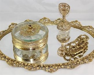 Matson Hollywood Regency Mid Century Gold Plated Filigree Roses Oval Mirror Tray, Bevel Glass Divided Vanity Box , Lipstick Holder and Perfume Bottle