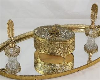 Hollywood Regency Mid Century Gold Plated Filigree Lipstick Holder Oval Vanity Mirror, Vanity Box and Perfume Bottles with Feather Stopper