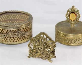 Hollywood Regency Mid Century Gold Plated Filigree Lipstick Holder, Bevel Glass Lid Vanity Box and Amber Finial Lid Vanity Box