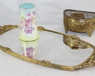 Matson Hollywood Regency Mid Century Gold Plated Mirror Vanity Tray, Bevel Glass Lid Vanity Box. Shown with Antique RS Porcelain Hat Pin Holder