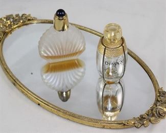 Matson Hollywood Regency Mid Century Gold Plated Mirror Vanity Tray and Elizabeth Taylor Passion Perfume Bottle and Eve St Lauren “Champagne” Perfume Bottle