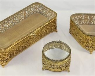 Matson Hollywood Regency Mid Century Gold Plated Comb/Brush and Bevel Glass Lid Vanity Boxes.