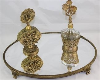 Hollywood Regency Mid Century Gold Plated Mirror Vanity Footed Tray, and 2 Perfume Bottles