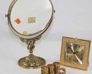Stylebuilt Hollywood Regency Mid Century Gold Plated Vanity Mirror, Lipstick Holder and Bulovar Clock