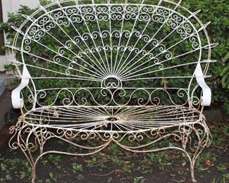 Gorgeous Salterini Style Mid-Century Wrought Iron Fan Peacock Back Lawn/Patio Settee Bench