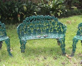 Ornate Cast Iron Green Garden Bench with 2 matching Chairs
