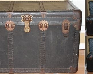 Antique Large Black Steamer Trunk with Brass fitting and complete interior (36”W x 20”H x 21”D). Pictures showing open view.