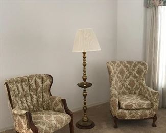 Pair of accent chairs will divide, brass floor lamp 