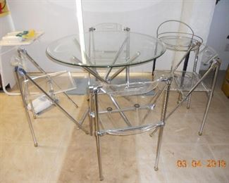 Lucite and Chrome Chairs, Glass and Chrome Table