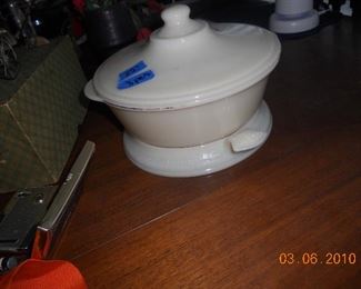 Cream Color Fire-Kink Serving Bowl with Cover and Tray