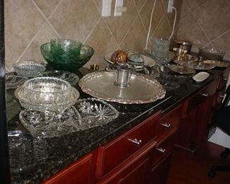 MUCH glassware, silver plate serving pieces, porcelains and other