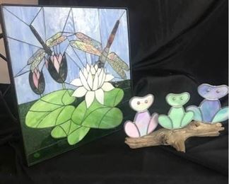 Stained Glass Table and Frogs in Wood