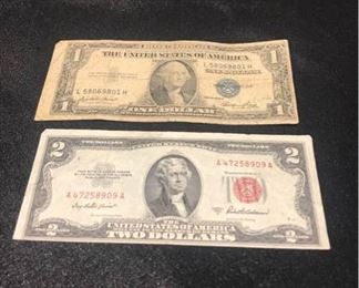 US One Dollar Silver Certificate 1935 and Two Dollar Red Seal 1953 with Error Shifts