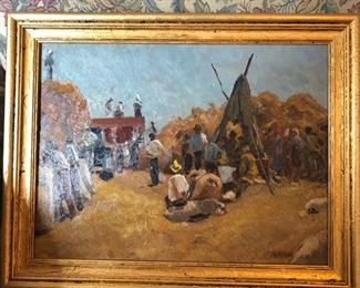 Picking hay oil painting