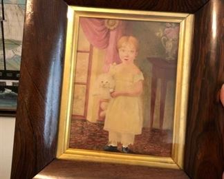 Gorgeous little watercolor folk art girl, full length with dog