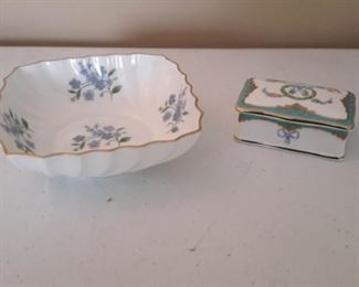 Royal Adderly "Forget Me Not" condiment dish and The Royal Collection lidded trinket box with lid.