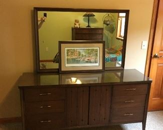 1960s Bedroom Set (Highboy & Lowboy Dressers) with Mirror and Bed 