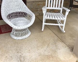 White Patio Wicker and Wood Chairs