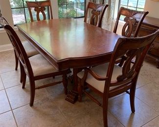 BEAUTIFUL SPLIT PEDESTAL DINING TABLE WITH SIX CHAIRS (2 ARM CHAIRS) COMES WITH 2- 12" LEAVES TABLE AS SHOWN 72"X44"