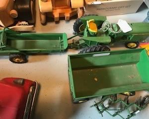 Toys - Metal John Deere, Tractor, Spreader, Cultivator, Harvest Bin