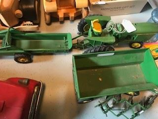 Toys - Metal John Deere, Tractor, Spreader, Cultivator, Harvest Bin