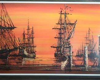 Vanguard Studios, "Galleons at Sea" MCM painting