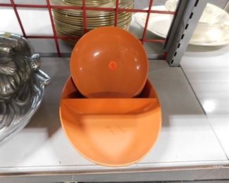 Orange melamine 2 section oval bowl with matching small bowls