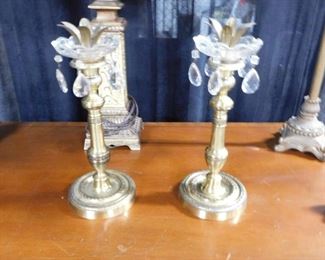 2 Ornate brass candle holders with crystals