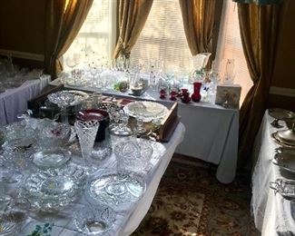 Silver and glass ware. Rug in this photo also for sale.