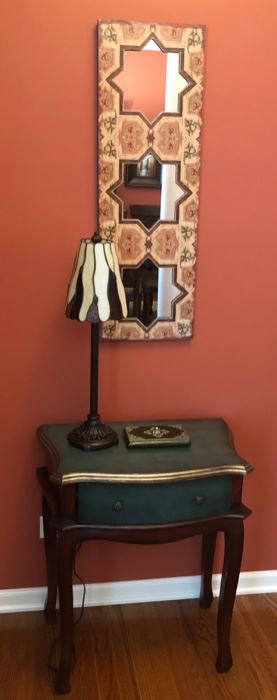 Small occasional table ,with a drawer, lamp and interesting mirror