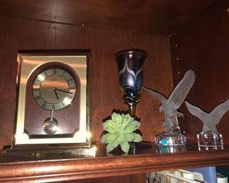 Here is the anniversary clock by Linden, a very cool Chalice in opalescent glass, and two Goebel frosted Glass Eagles.  Very cool.