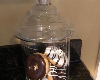 haha - in my diet induced halucinations, I almost bit into one of these phony donuts!  Lovely covered Jar.  Such a tease...