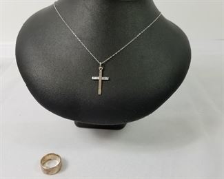 Italy 14 k White Gold Cross Necklace & Silver Band Ring  https://ctbids.com/#!/description/share/214388
