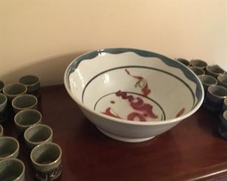 Large artisan bowl with ceramic punch cups!