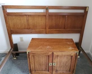 Vtg Oak  Bamboo Bed and Side Table