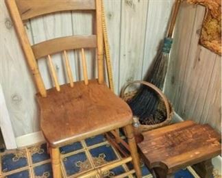 Vtg Wood Side Chair, Footstool