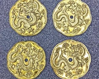 Four (4) brass ceiling roses with Chinese dragon designs. Identical. 