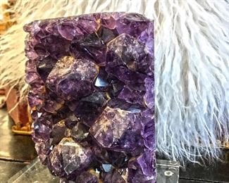 Dark purple amethyst with large crystals on an acrylic base. Quarts in excellent condition. 7"  tall. Estate sale price @ $500
