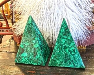 Malachite pyramids (8 inches tall). Good condition with some wear. Estate sale price: $325 each