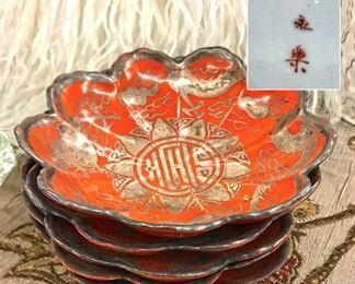 Japanese antique 9-petal dish with fine silver overlay. Set of 5. Signed. Estate sale price $325
