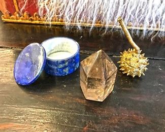 Small blue Lapiz box (excellent condition) @ $85 , brass Rambutan @ $100, Smokey quartz @ $48