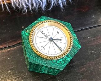 Malachite paperweight Ritz clock. Malachite is in good condition. Estate sale price: $160