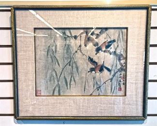 "Sparrows under a Willow Tree". Collaboration between 2 Chinese artists of last names "Lin" and "Chen". The painting is dated by inscription to 1978, and appears to be in the style of the southern Chinese Lingnan School. 22" x 19" with frame. $400